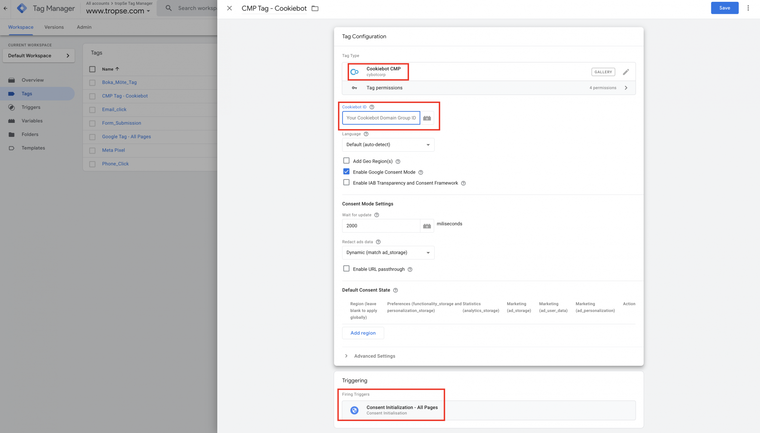Cookiebot CMP-tagg i Google Tag Manager