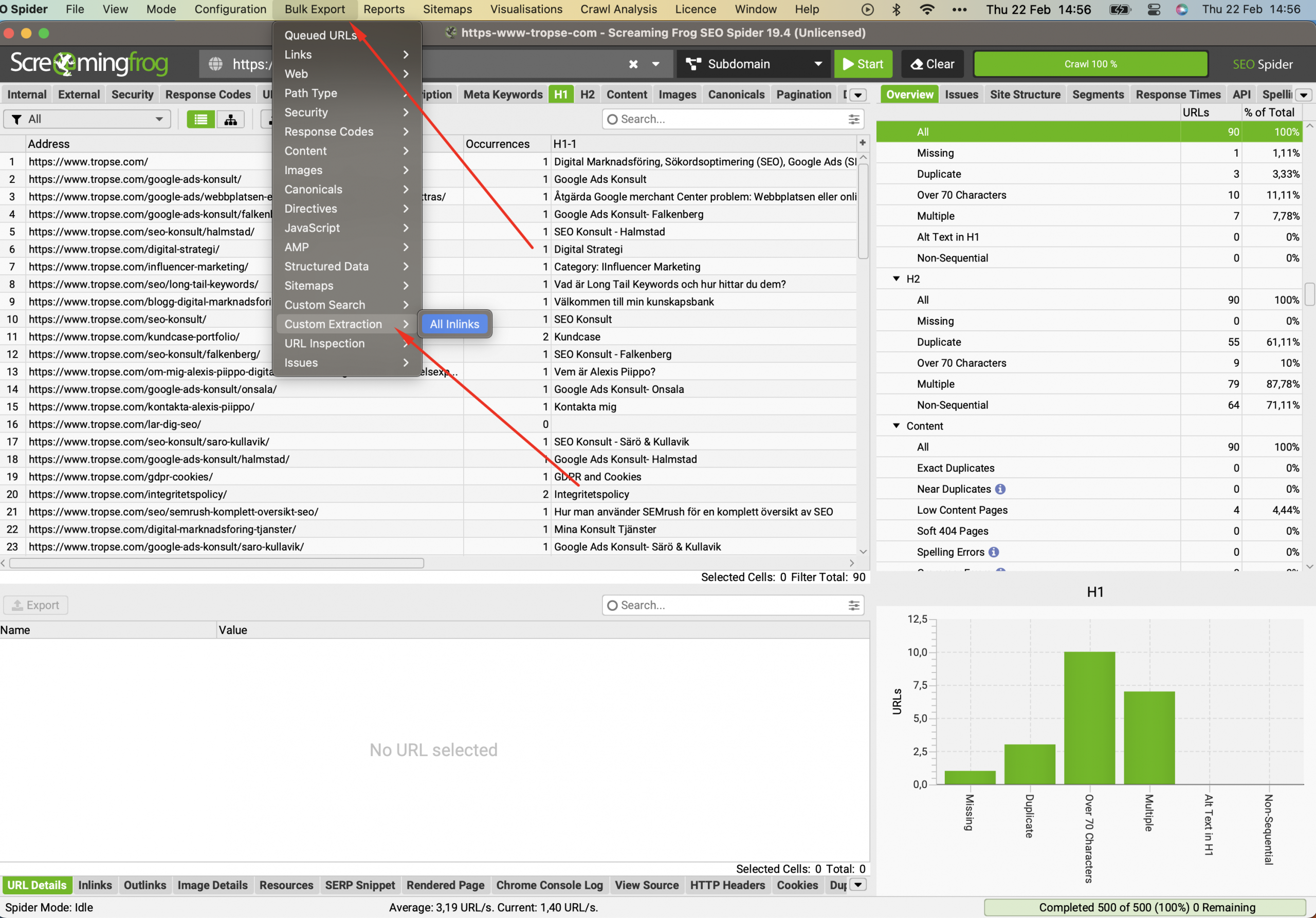 Custom Extraction i Screaming Frog för att hämta innehållselement och schema markup