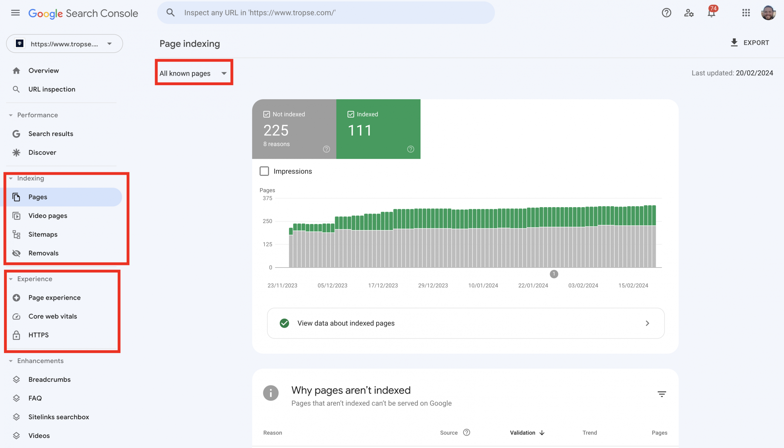 Indexeringsrapporten i Google Search Console med indexerade och icke indexerade sidor