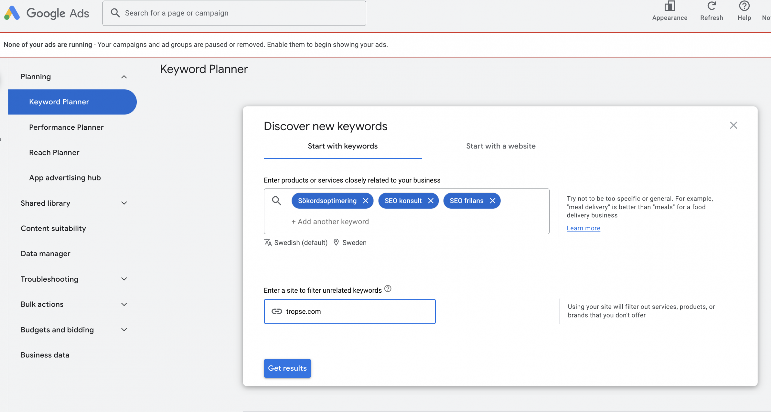 Sökordsanalys med Google Keyword Planner
