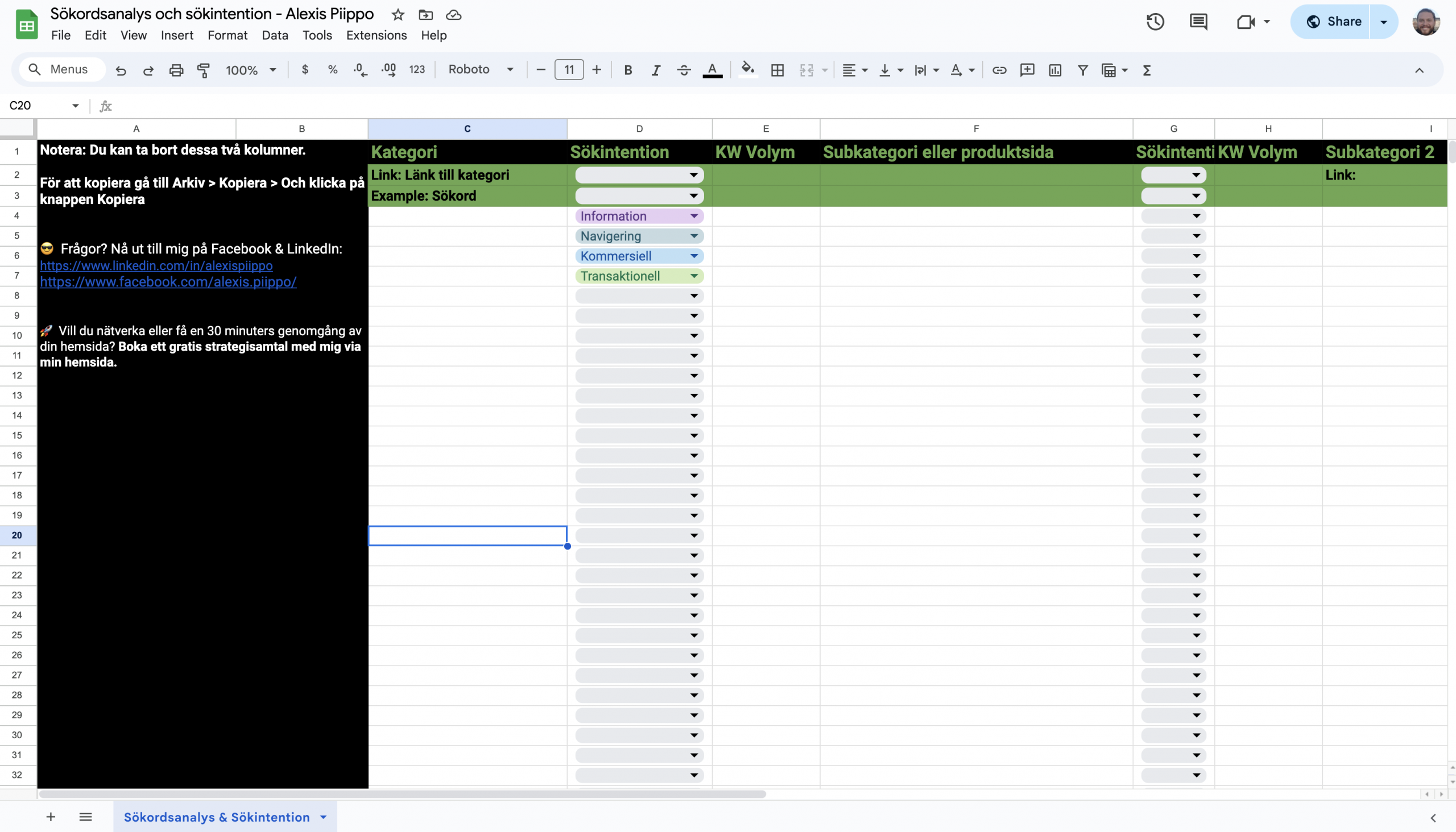 SEO-mall för sökordsanalys i Google Sheets av Alexis Piippo