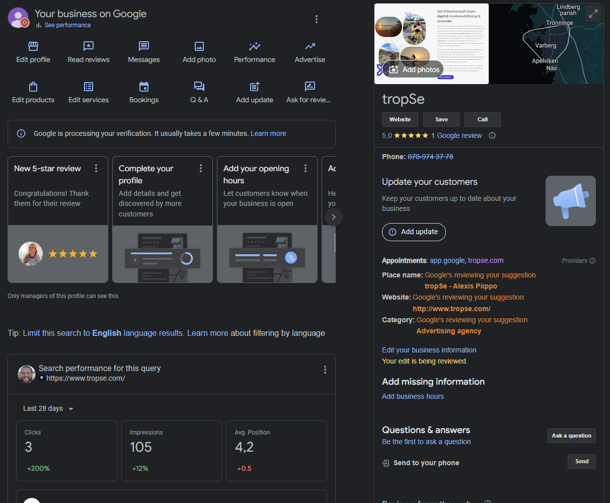 TropSe AB:s företagsprofil i Googles sökresultat