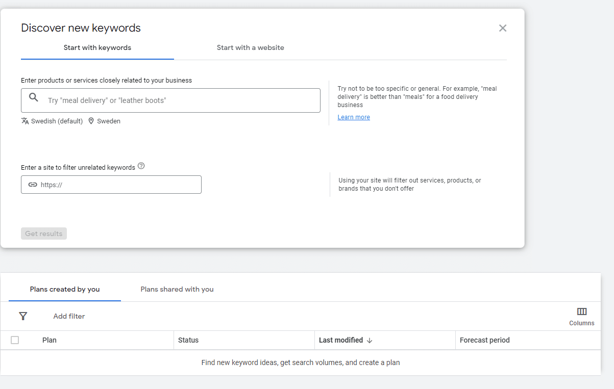 Google Keyword Planner, vyn Discover new keywords med språk och land valt