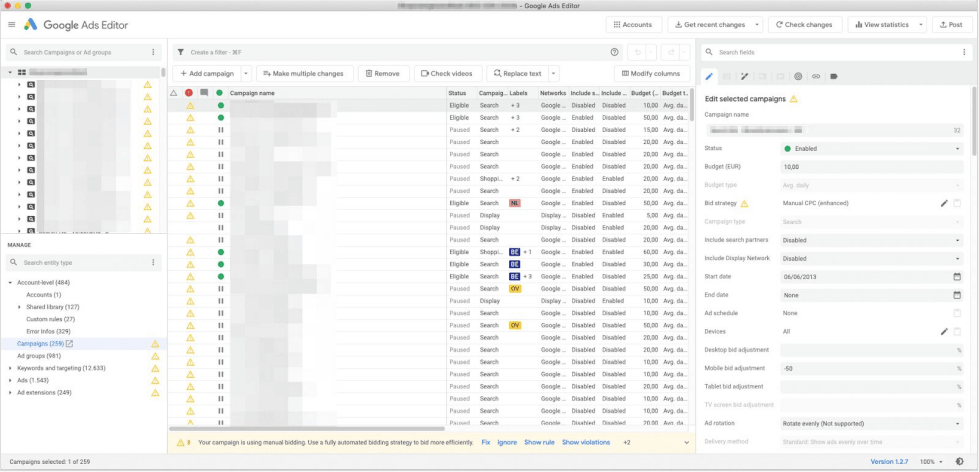 Google Ads Editor med kampanjträd och redigeringsvy