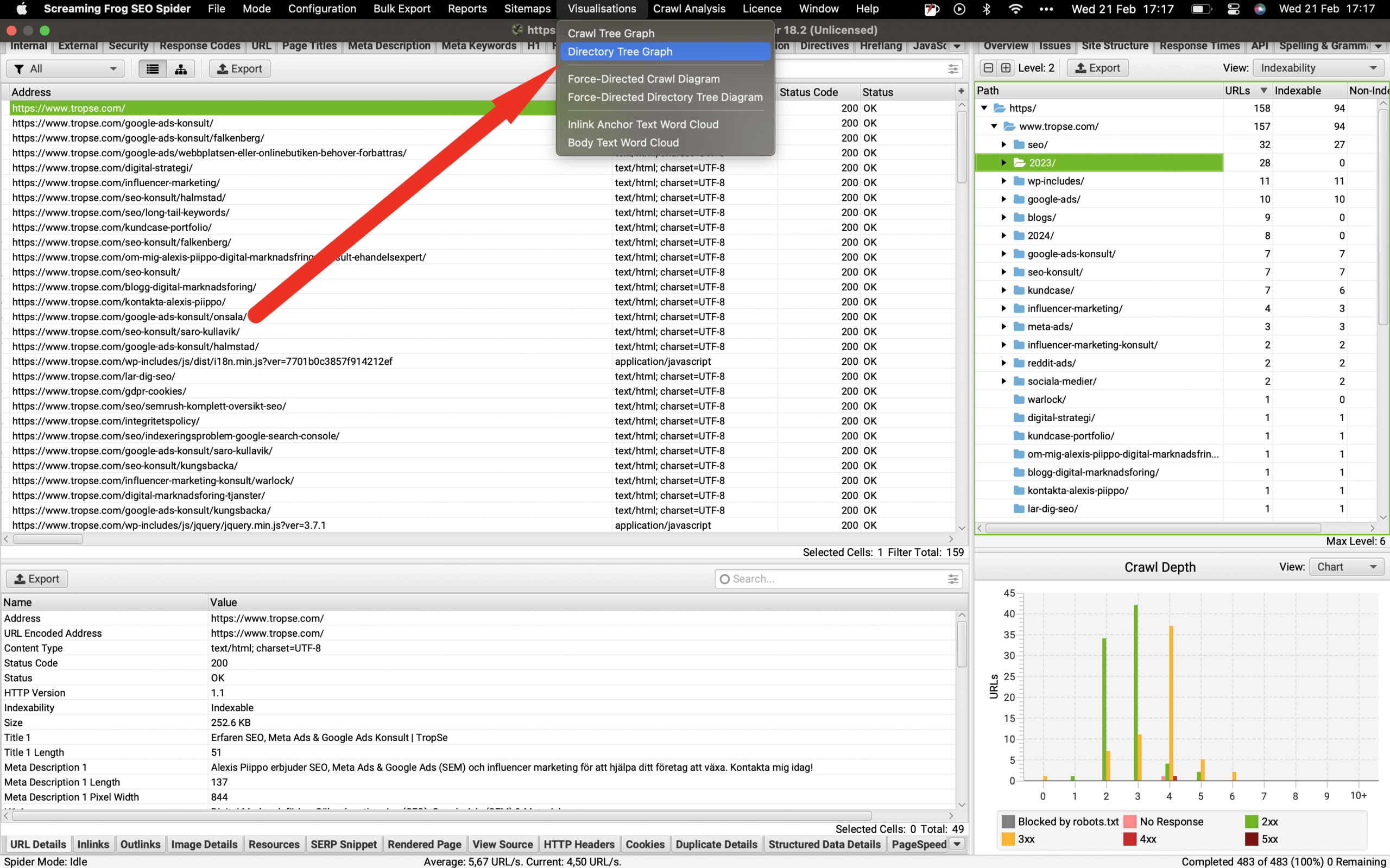 Directory tree graph i Screaming Frog för att visualisera webbplatsens struktur