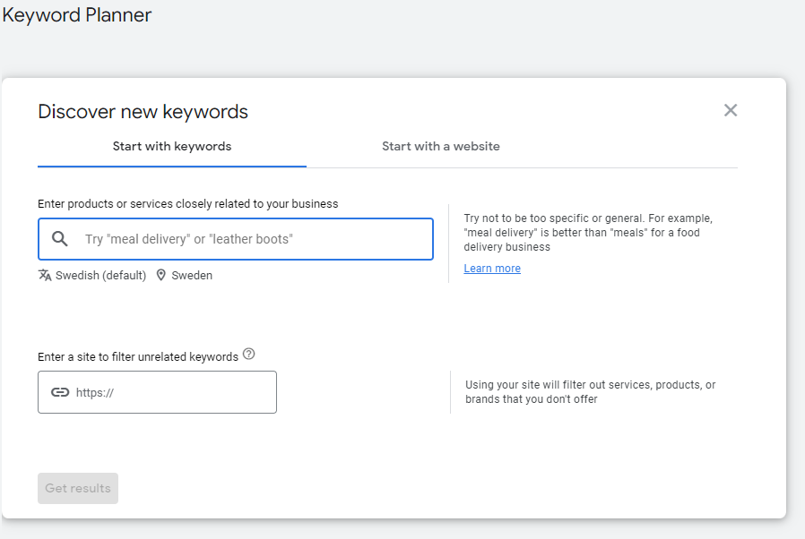 Keyword Planner i Google Ads, dialogen Discover new keywords med fälten för sökord, språk och land