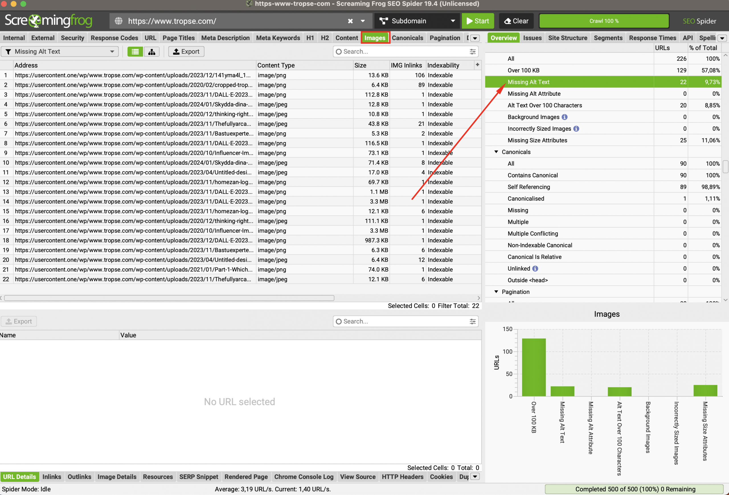 Missing Alt Text-filtret under Images-fliken i Screaming Frog
