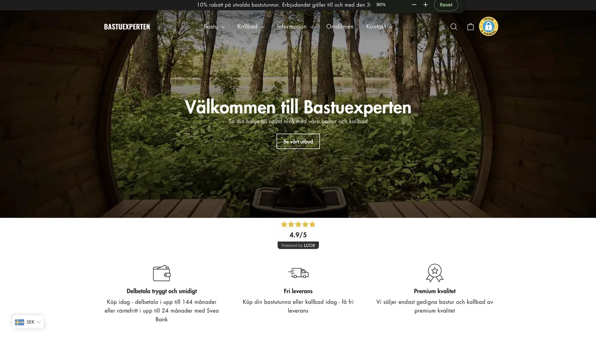 Skärmdump av startsidan på bastuexperten.se