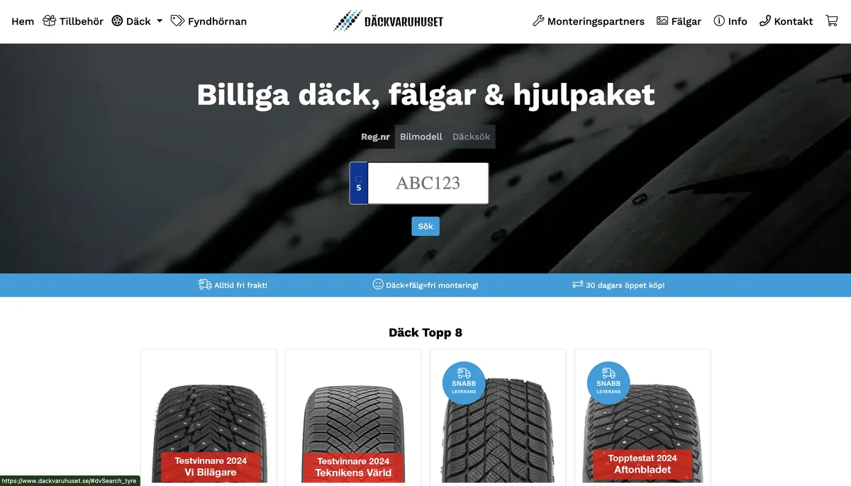 Skärmdump av startsidan på dackvaruhuset.se