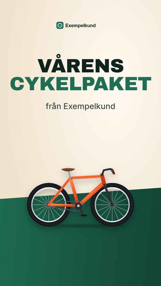 Storyboard för scen 1 i 9:16: rubriken Vårens cykelpaket från Exempelkund ovanför en orange cykel