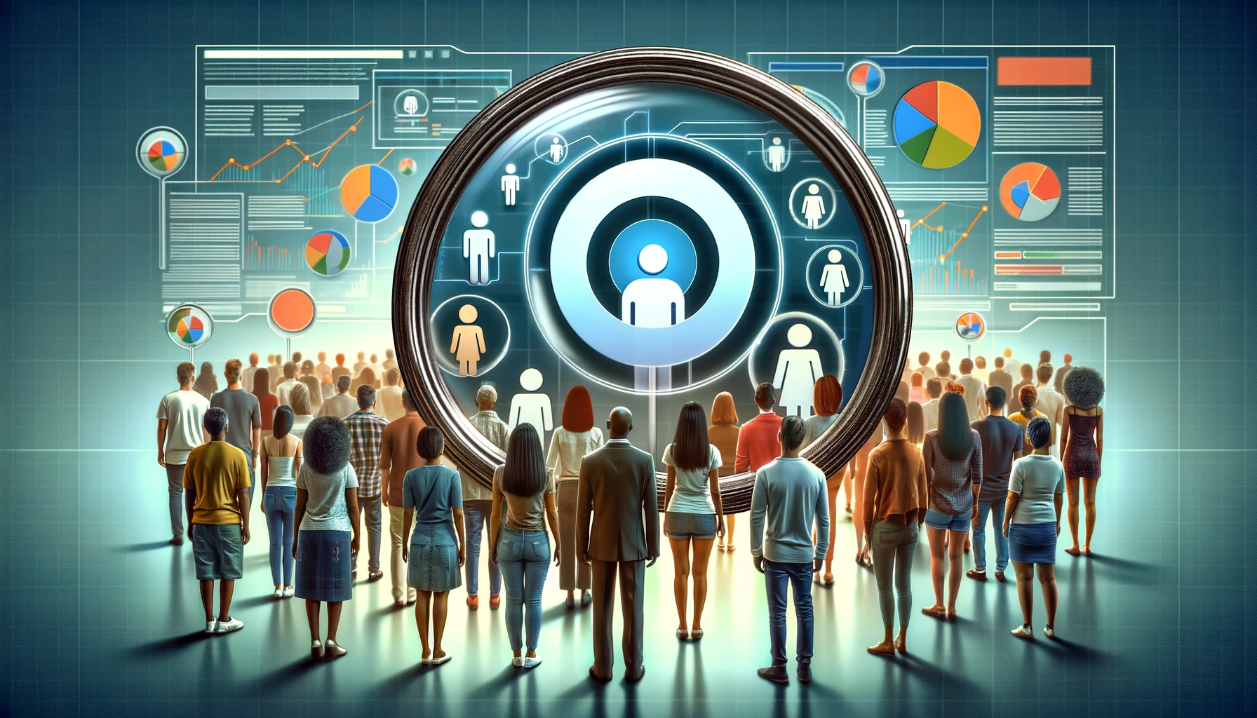 DALL·E 2023 11 20 09.59.34 An image showcasing a large magnifying glass zoomed in on a group of diverse people symbolizing the precise targeting capabilities in PPC Pay Per Cl | Digital Marknadsföring, SEO, SEM